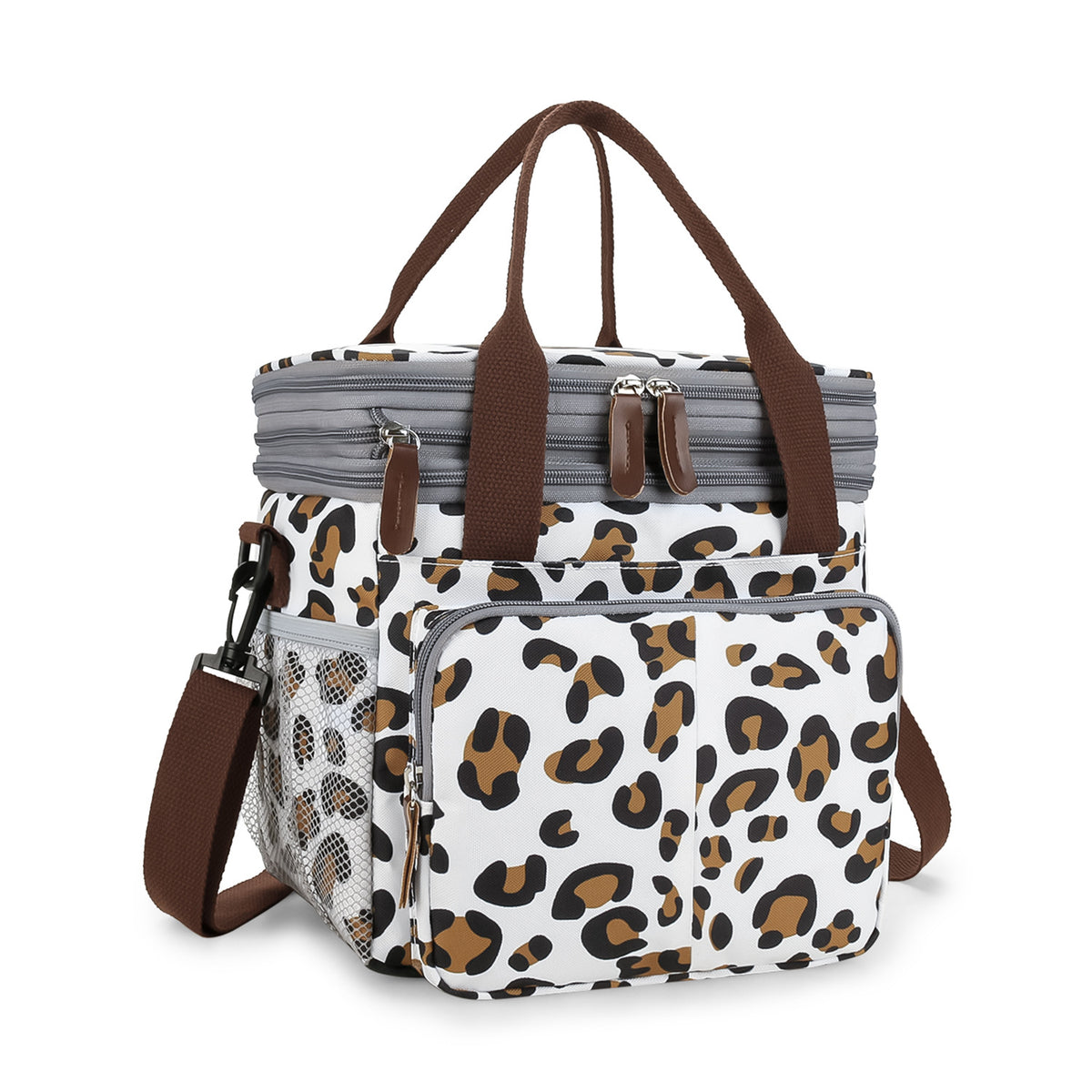 leopard print custom insulated cooler bag with dual compartments brown handles and removable shoulder strap