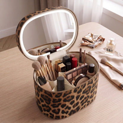 leopard print makeup brush case with open mirror and upright cosmetic brush storage