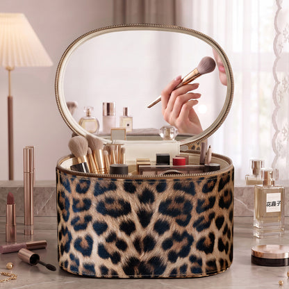leopard print makeup organizer case with oval lid mirror and rounded zippered storage body