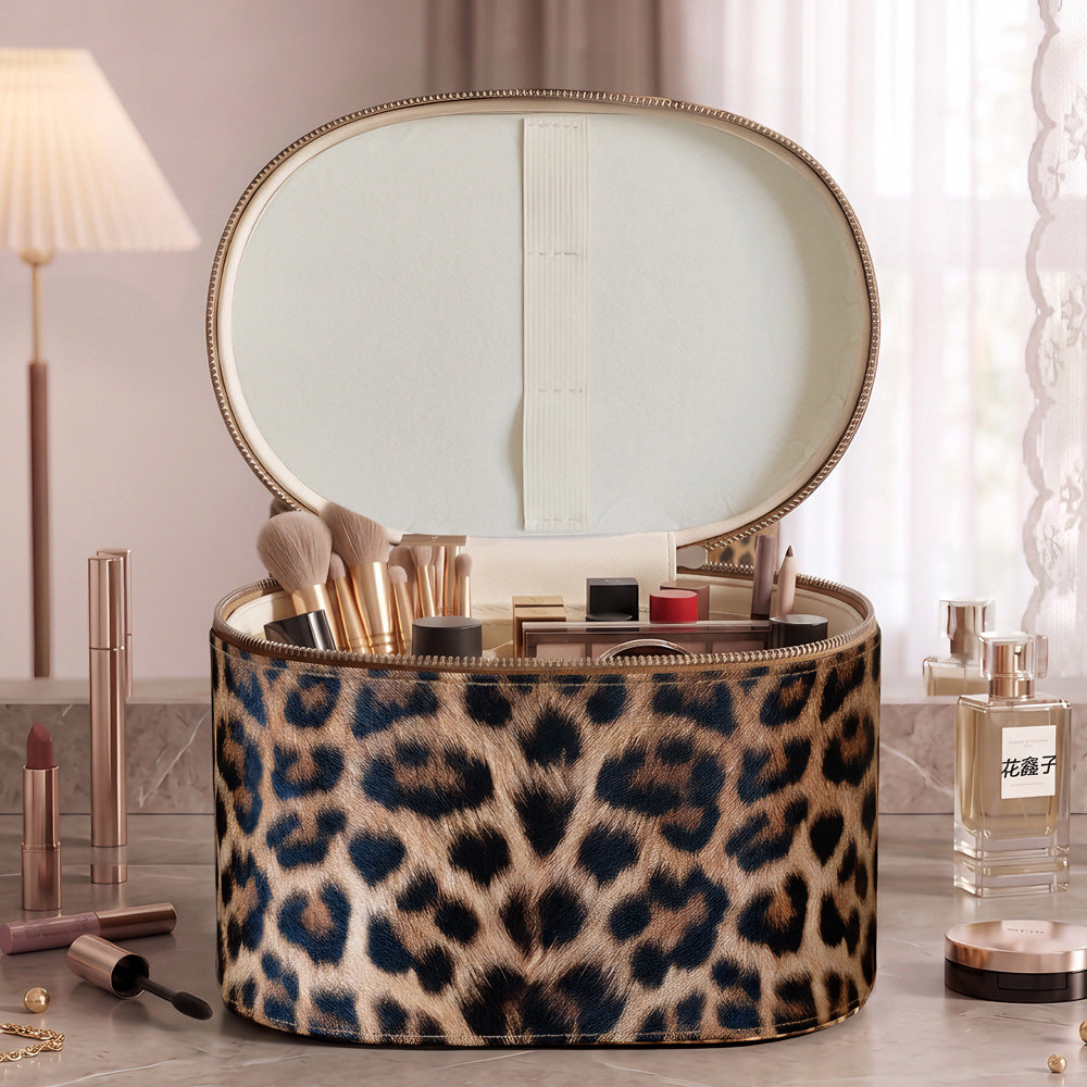 leopard print makeup organizer case without mirror showing open lid and interior storage sections