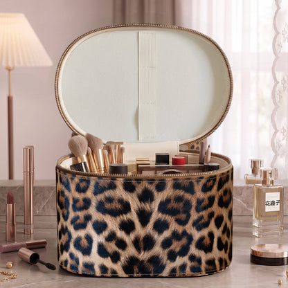 leopard print makeup organizer case without mirror showing open lid and interior storage sections