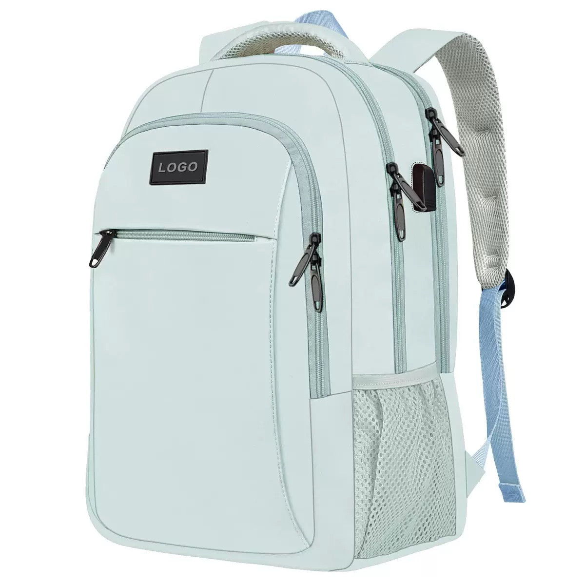 light blue corporate travel backpack with laptop storage trolley sleeve and multi compartment organization