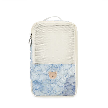 light blue floral baby storage organizer pouch with cream mesh front panel small bear patch and zippered opening