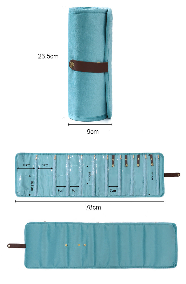 light blue roll up jewelry organizer dimensions showing approximately 23.5 cm rolled length 9 cm width and 78 cm open length