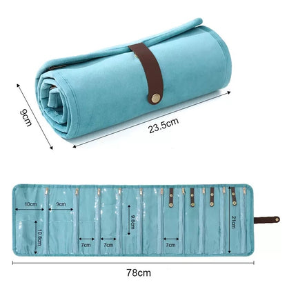 light blue roll up jewelry organizer with clear necklace pockets 78 cm open length and 23.5 cm rolled length