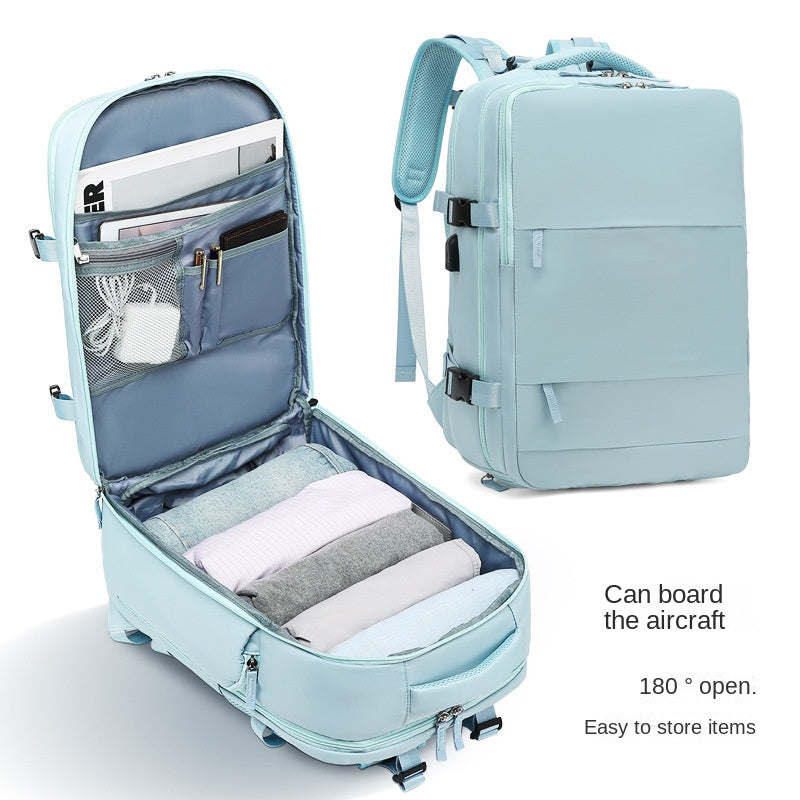 light blue travel backpack with laptop compartment and separate shoe storage