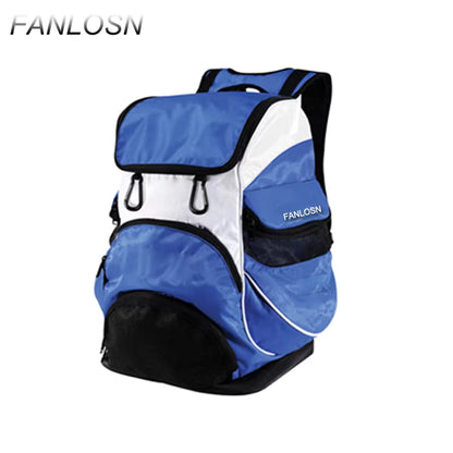 Light blue white and black swim backpack with curved front mesh pocket, side wet storage, top flap and padded shoulder straps