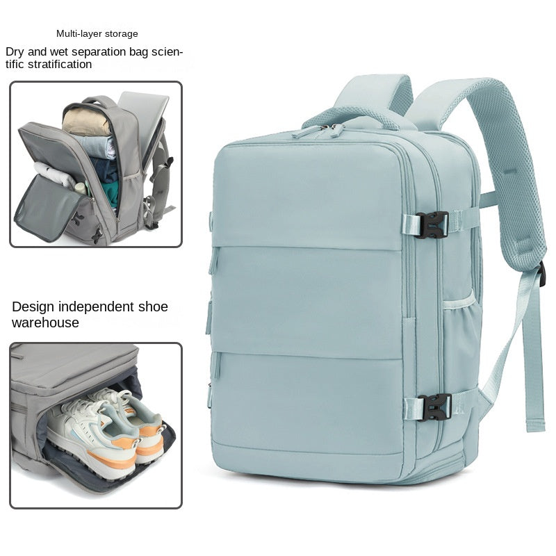 light blue business travel backpack with large capacity storage and laptop compartment