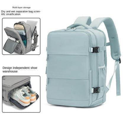 light blue business travel backpack with large capacity storage and laptop compartment