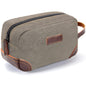 light gray vintage canvas toiletry bag with leather details
