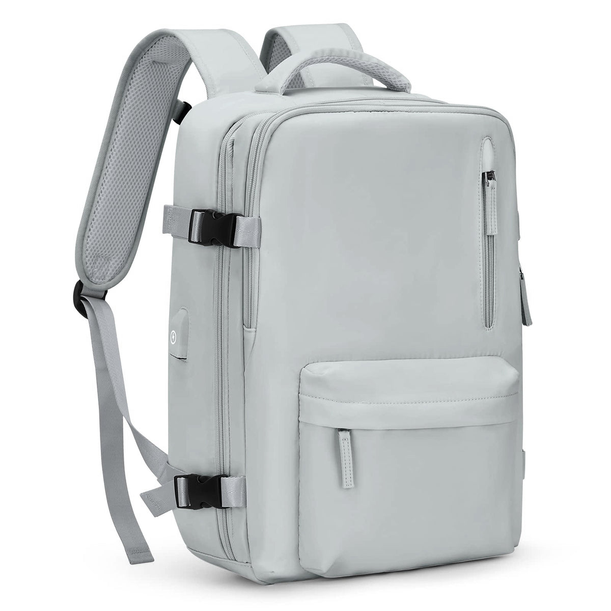 light gray travel backpack with breathable padded back panel shoulder straps and compression buckles
