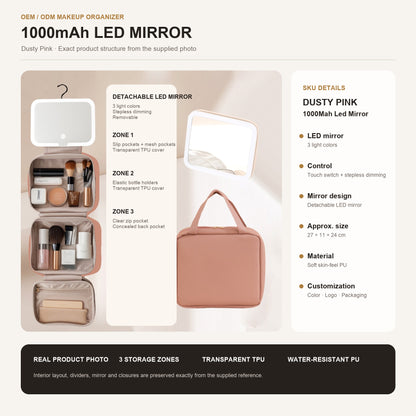 lotus pink makeup bag with detachable 1000mah led mirror and three connected storage compartments