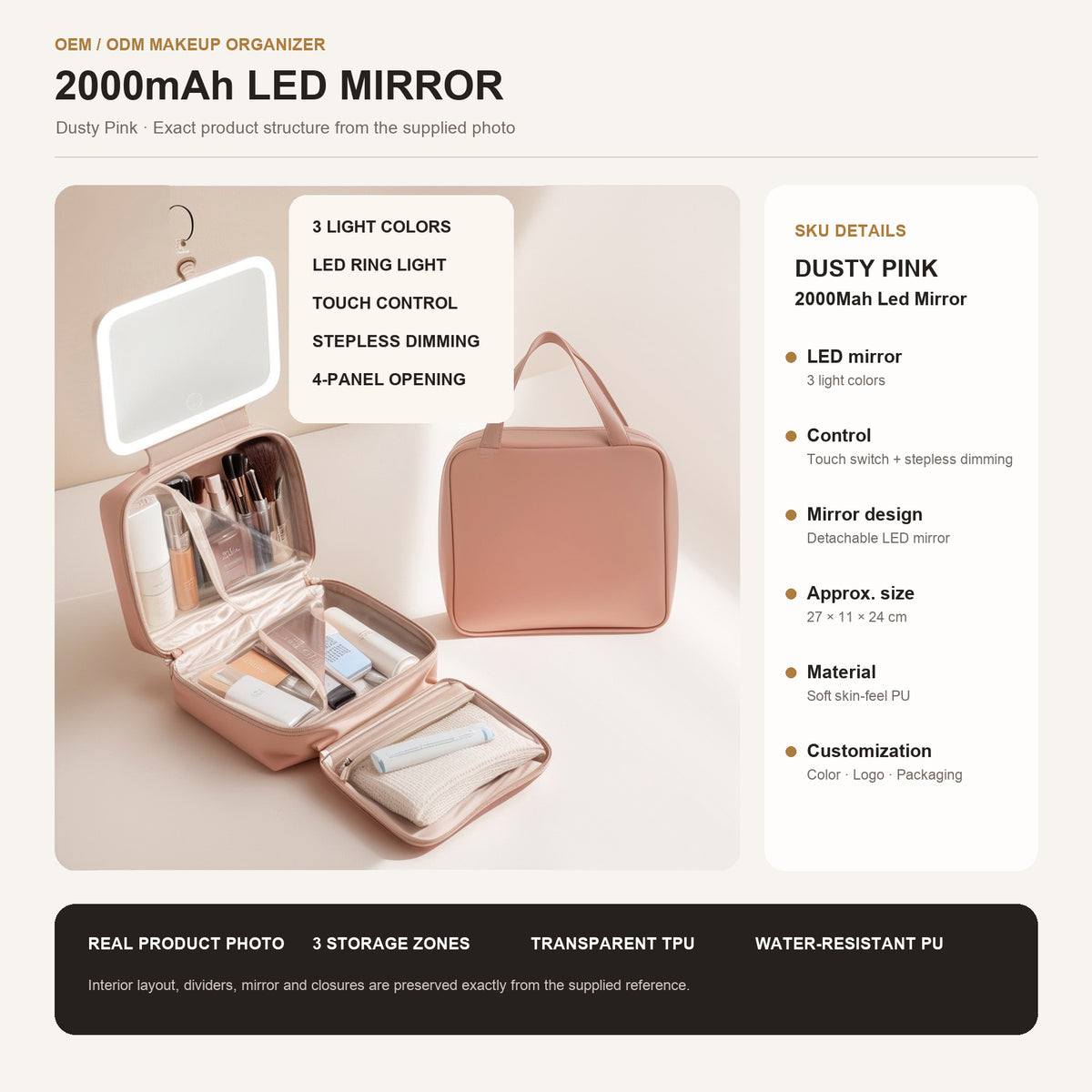 lotus pink structured makeup organizer bag with 2000mah led mirror and clear interior storage pockets