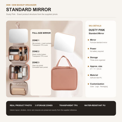 lotus pink makeup organizer bag with standard mirror and clear tpu storage compartments