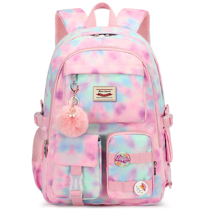 magic fingernail glitter student backpack with pink fur ball accessory and multi-pocket school storage
