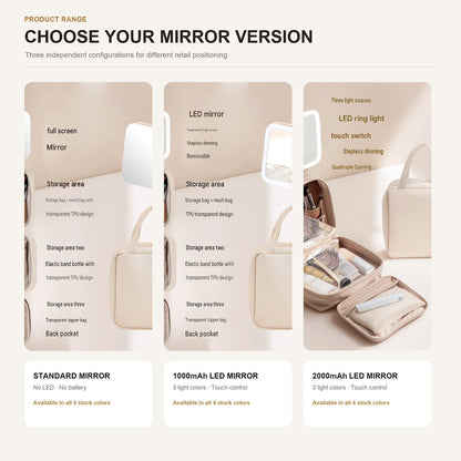 makeup bag comparison showing standard mirror 1000mah led mirror and 2000mah led mirror versions
