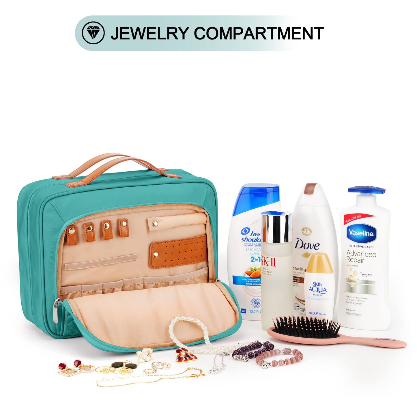 Hanging makeup bag with jewelry compartment and organized storage