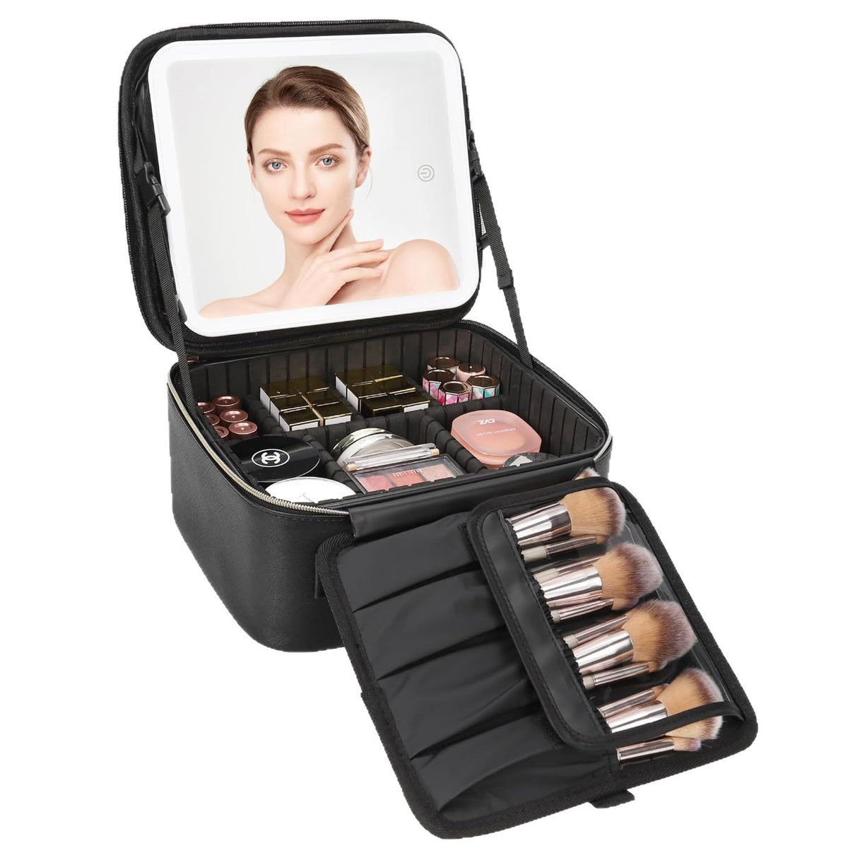 makeup brush bag with led mirror organized cosmetic compartments and separate fold out panel holding multiple makeup brushes