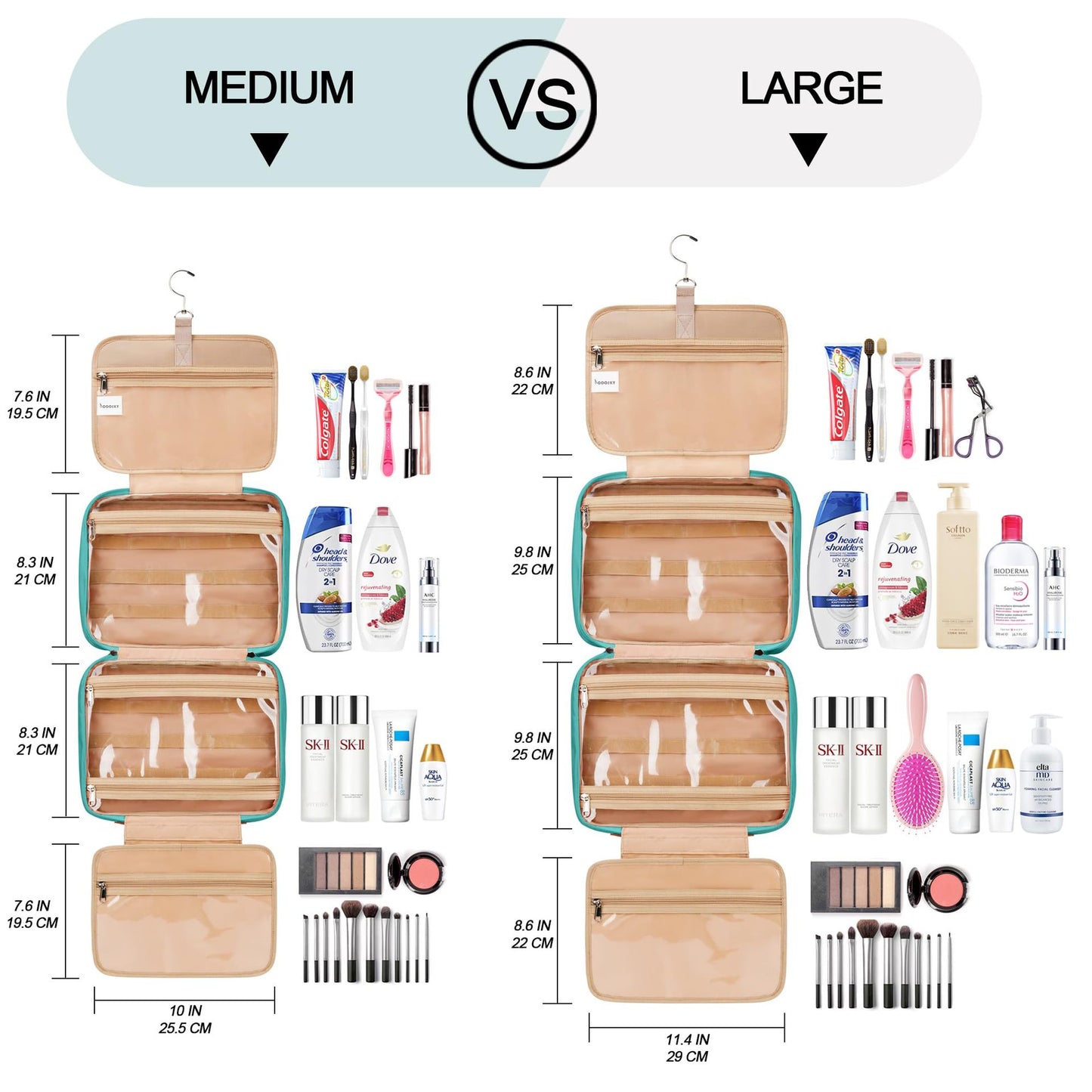 Medium and large lay flat makeup bag size comparison