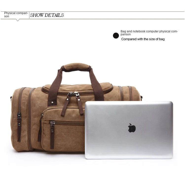 mens canvas travel bag shown beside laptop for exterior size and capacity comparison