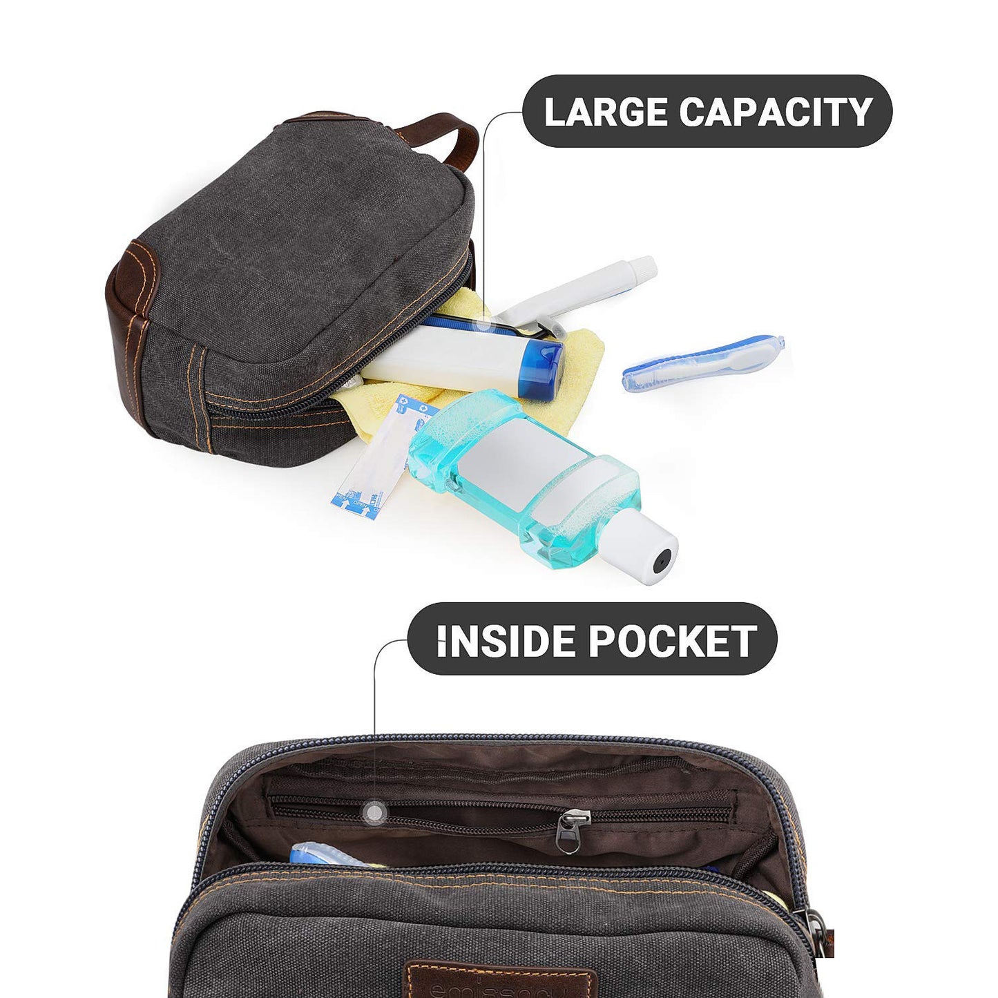 men's travel toiletry bag with inside zipper pocket organization
