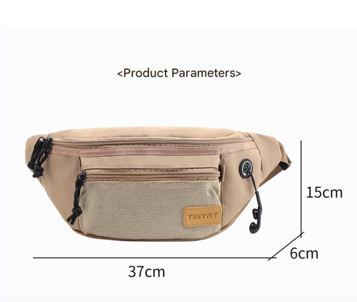 men's waist bag size reference showing 37 x 15 x 6 cm dimensions