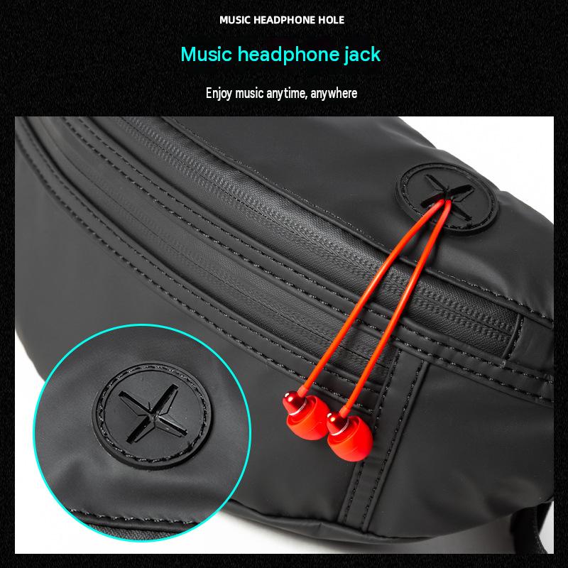 men's waist bag with built-in headphone cable port beside the front zipper compartments