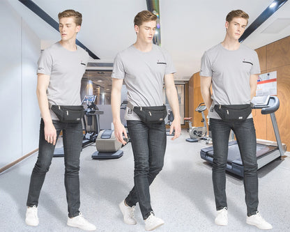 male model wearing black multi pocket waist bag around the waist in indoor casual setting