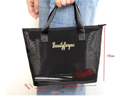 mesh travel makeup bag set size details with cosmetic and toiletry pouches