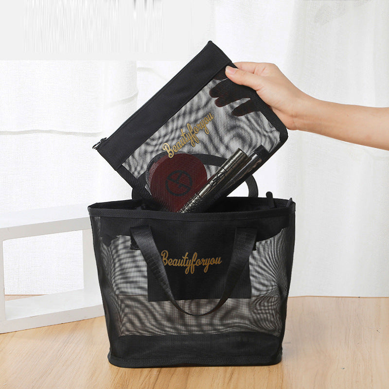 mesh travel toiletry bag for vacation beach trip and personal care items