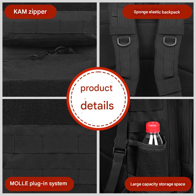 military tactical backpack details with molle external system and zipper design