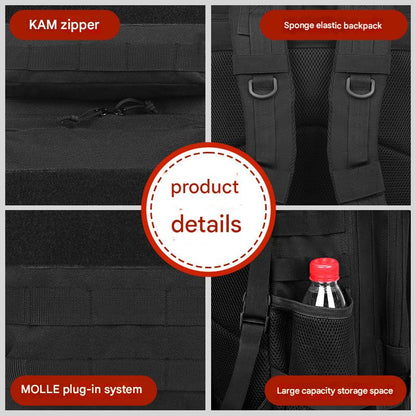 military tactical backpack details with molle external system and zipper design