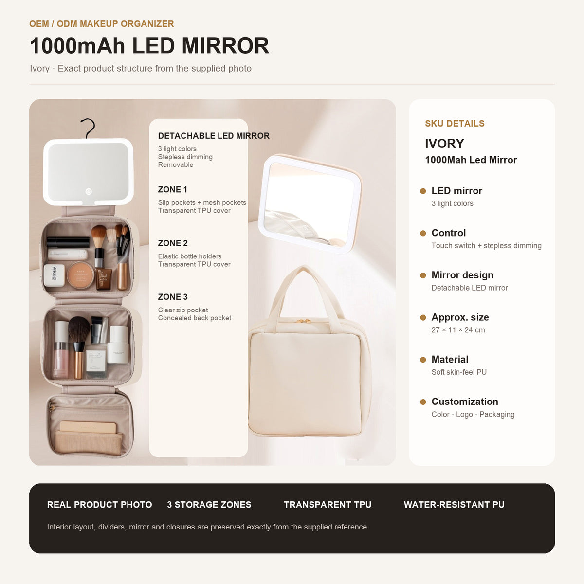 milky white custom makeup bag with detachable 1000mah led mirror touch control and divided storage