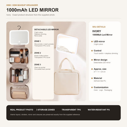 milky white custom makeup bag with detachable 1000mah led mirror touch control and divided storage
