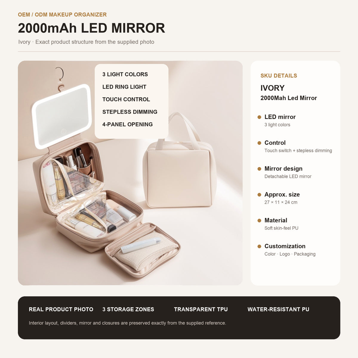 milky white makeup bag with detachable 2000mah led mirror and three section cosmetic organizer