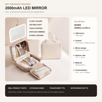 milky white makeup bag with detachable 2000mah led mirror and three section cosmetic organizer
