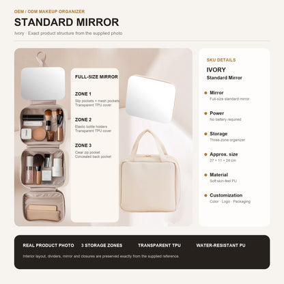 milky white custom makeup bag with detachable standard mirror and three connected cosmetic storage sections