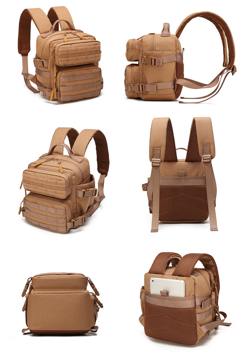 mini backpack showing front side and back views with tactical design