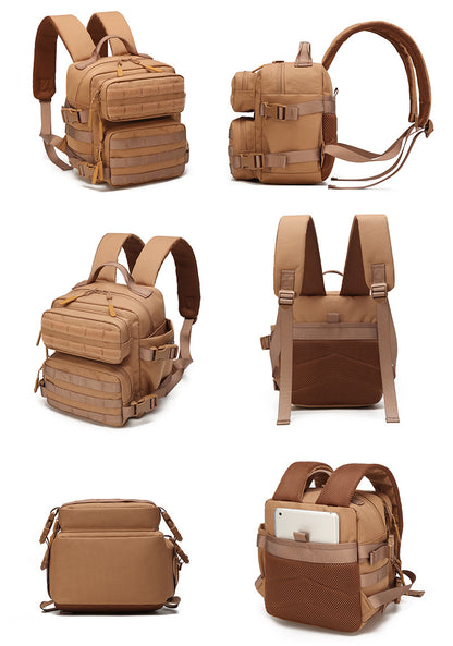 mini backpack showing front side and back views with tactical design