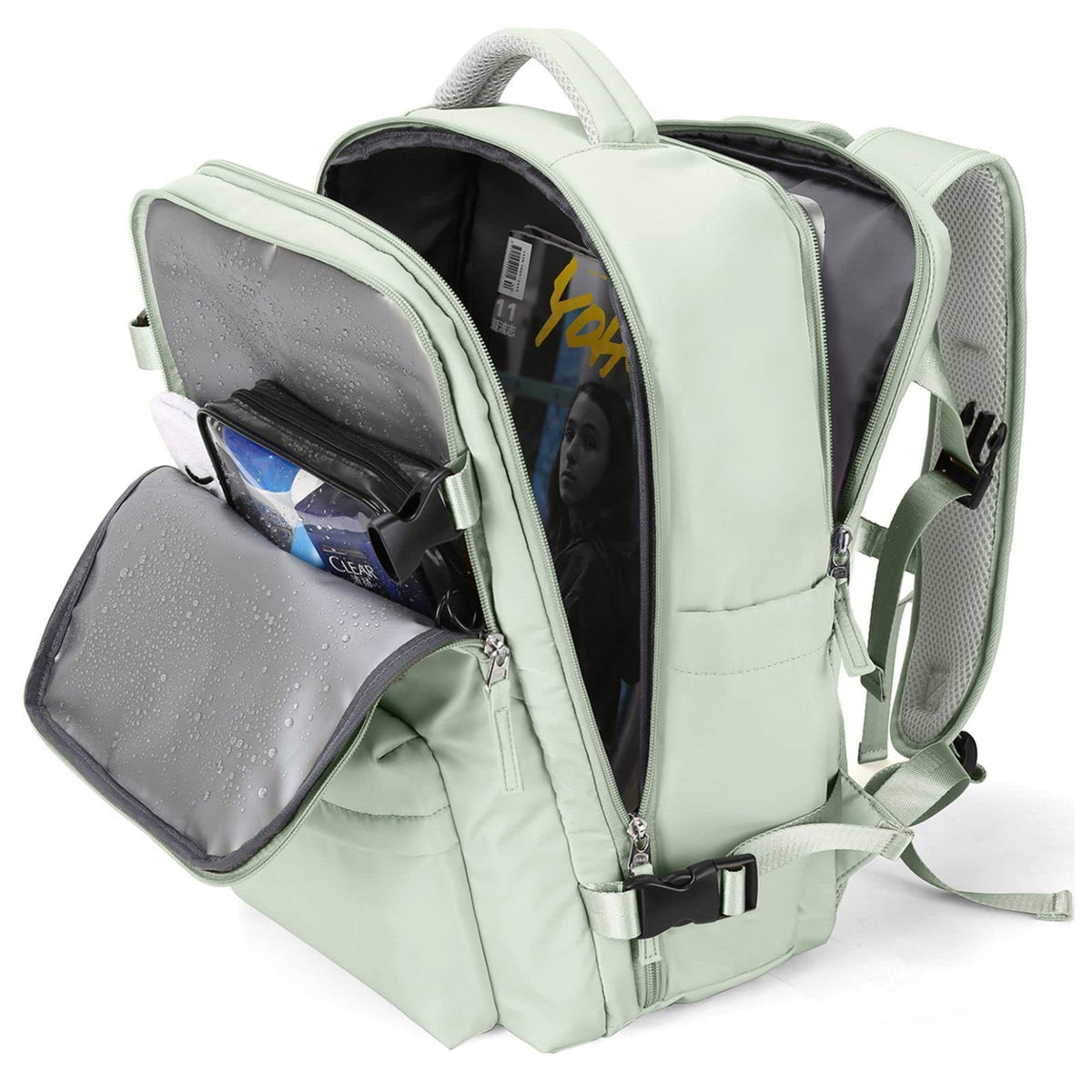 mint green expandable backpack with multiple travel compartments and separated front storage