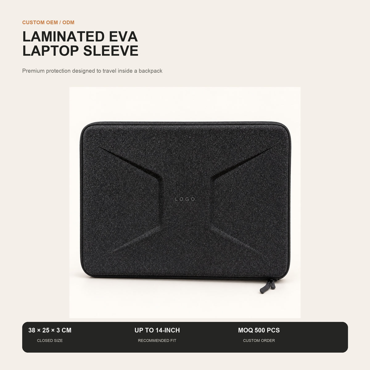 black molded eva laptop sleeve with geometric front panel closed size 38 x 25 x 3 cm and recommended fit up to 14 inch laptops