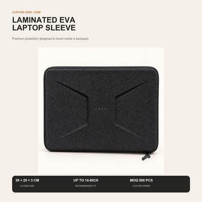 black molded eva laptop sleeve with geometric front panel closed size 38 x 25 x 3 cm and recommended fit up to 14 inch laptops