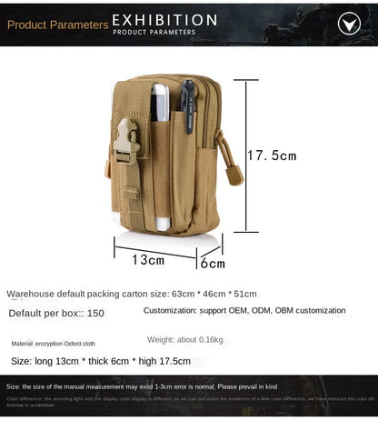 molle tactical belt pouch size chart showing 13 x 6 x 17.5 cm dimensions oxford fabric and about 160 g weight