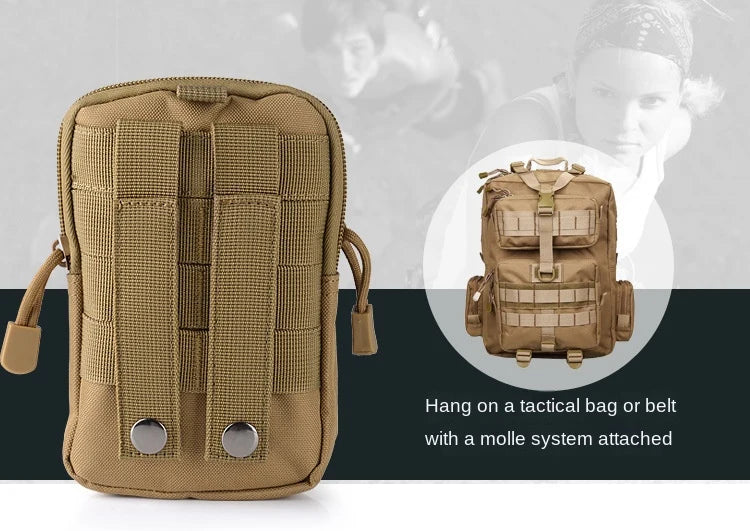 molle tactical pouch rear panel with webbing attachment straps and metal snaps for mounting on a compatible tactical backpack or belt