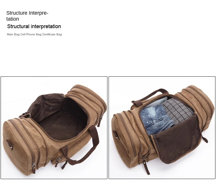canvas weekend travel bag with large center compartment and separate zippered storage sections on both sides