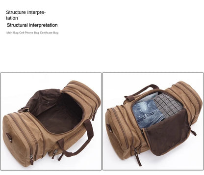 canvas weekend travel bag with large center compartment and separate zippered storage sections on both sides
