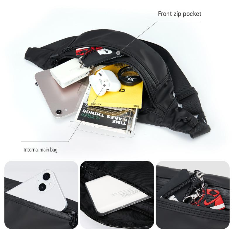 multi-compartment waist bag with front zip pocket and main storage for phone wallet power bank 
