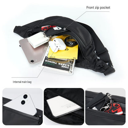 multi-compartment waist bag with front zip pocket and main storage for phone wallet power bank 