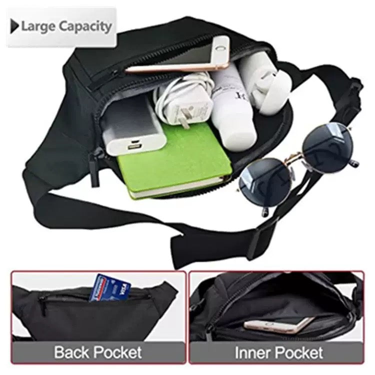 multi-pocket nylon waist bag showing open main compartment with daily items plus separate back pocket and inner pocket