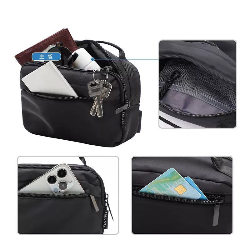 multi pocket waist bag storage collage showing open main compartment inner mesh pocket front zipper pocket and rear zip pocket